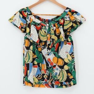 J Crew Postcard Print Ruffle‎ Top Fruit Travel Retro Tropical Vacation Size 2
